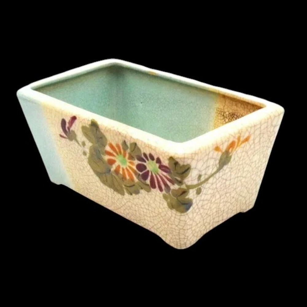 MCM Vintage Hand Painted Crackle Planter Floral Motif